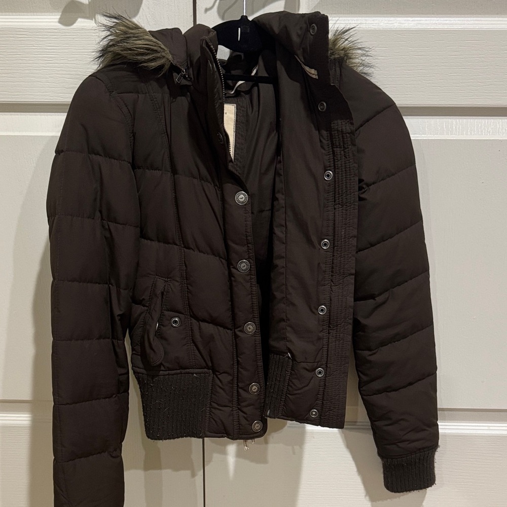 Hollister Dark Brown Puffer Jacket with Faux Fur Hood